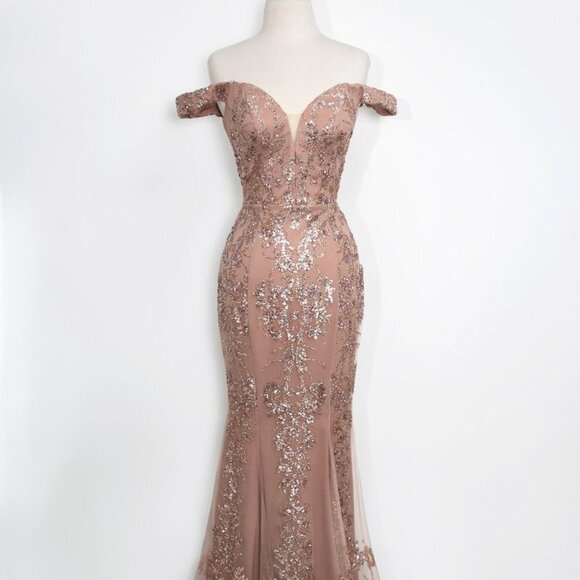 New Sheath Off Shoulder Elegant Gown w/ Glitter Embroidery & Zipper Back CD T613 - Picture 1 of 10